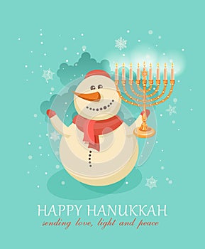 Hanukkah chanuka and Christmas, snowman celebrating the new season photo