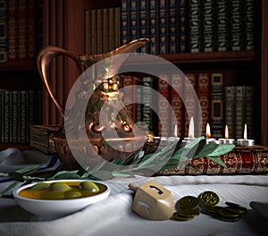 Hanukkah close up with candles, old books, spinning top