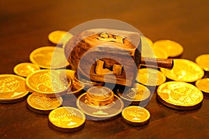 Hanukkah dreidel gold gelt coins on a table
