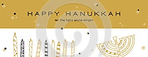 Hanukkah greeting banner , Jewish holiday symbols. golden hanukkah menora and candles