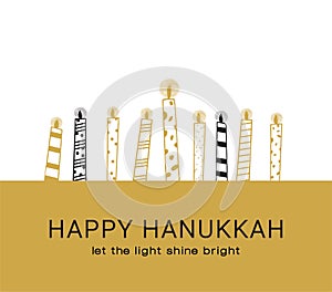 Hanukkah greeting card , Jewish holiday symbols. golden hanukkah menora and candles
