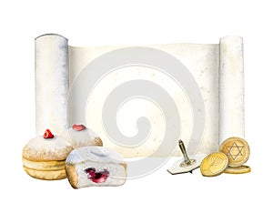 Hanukkah greeting card template with Torah scroll, traditional donuts, dreidel and coins watercolor illustration