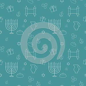 Hanukkah holiday flat design white thin line icons seamless patt
