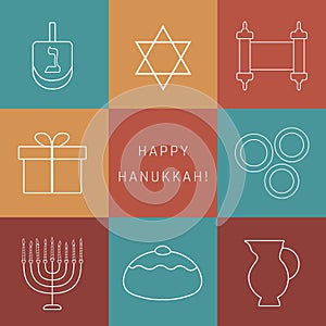 Hanukkah holiday flat design white thin line icons set with text