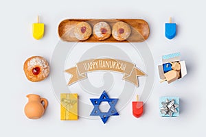 Hanukkah holiday food and objects for mock up template design.View from above.