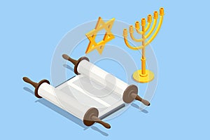 Hanukkah, Jewish festival. Isometric Judaism religious symbols of Jewish holidays. Hanukkah menorah, David Star and Old