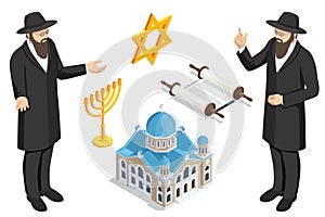 Hanukkah, Jewish festival. Isometric Judaism religious symbols of Jewish holidays. Hanukkah menorah, David Star, torah