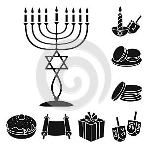 Hanukkah of judaism holiday vector black icon set.Vector isolated illustration gift and greeting.Icon set of hanukkah