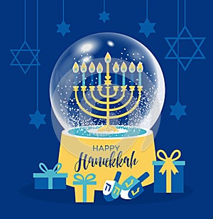 Hanukkah juish vector illustration. Jewish menorah in snow globe vector icon. hanuka candles symbol. Happy Hanukkah
