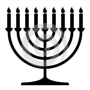 Hanukkah menorah, black and white vector silhouette illustration of hanukkiah nine-branched candelabrum with candles