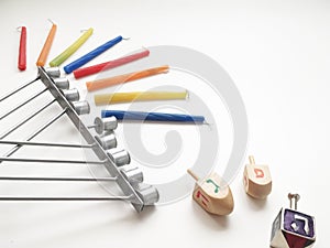 Hanukkah menorah, candles and dreidels