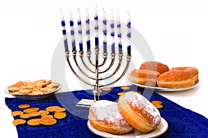 Hanukkah menorah, donuts and coins