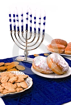 Hanukkah menorah, donuts and coins