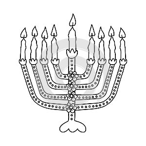 Hanukkah menorah, or hanukkiah. Symbol of the Jewish holiday Hanukkah. Vector illustration in doodle style. Isolated on a white
