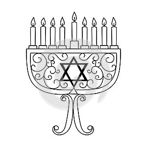 Hanukkah menorah, or hanukkiah. Symbol of the Jewish holiday Hanukkah. Vector illustration in doodle style. Isolated on a white