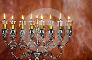 jewish holiday Hanukkah with menorah traditional candelabra photo