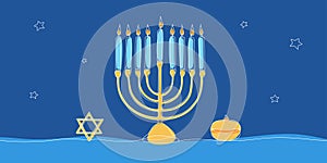 Hanukkah menorah outline background with star and sufganiyot filled doughnut