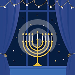 Hanukkah Menorah and Room Window. Vector Illustration