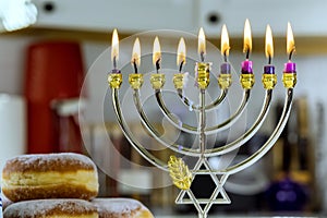 Hanukkah menorah symbols of a Jewish holiday on Hanukkiah menorahs
