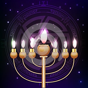 Hanukkah. purple with golden menorah and pictogram Magen David in the background. Festive party decoration.