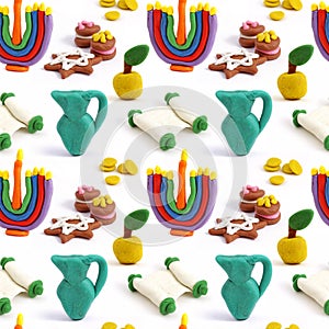 Hanukkah seamless handmade plasticine pattern. Modeling clay colorful texture. Isolated on white background