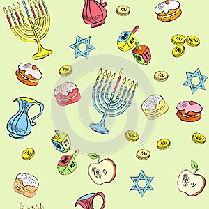 Hanukkah seamless pattern. Hand drawn doodle vector illustration