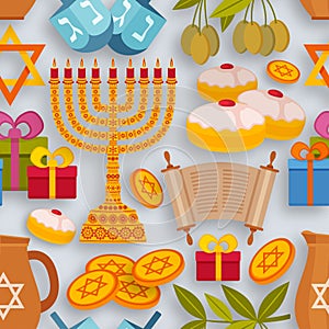 Hanukkah seamless pattern with Torah, menorah and dreidels