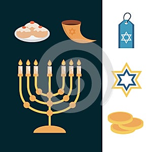 Hanukkah, set icons celebration judaism event, flat style