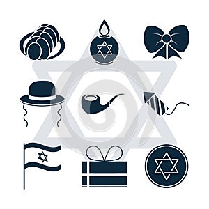 Hanukkah, set icons celebration judaism event, flat style