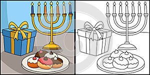 Hanukkah Sufganiyah Gift Coloring Illustration
