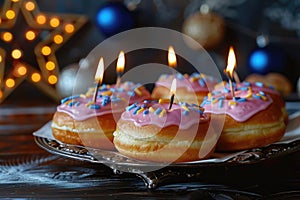 Hanukkah Sufganiyot Doughnuts with Star of David Decoration Illuminated by Soft Candlelight