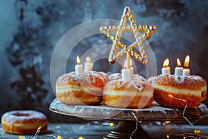 Hanukkah Sufganiyot Doughnuts with Star of David Decoration Illuminated by Soft Candlelight