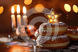 Hanukkah Sufganiyot Doughnuts with Star of David Decoration Illuminated by Soft Candlelight