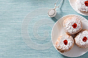 Hanukkah sufganiyot. Traditional Jewish donuts for Hanukkah.