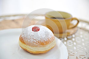 Hanukkah symbol jewish food holiday image of donut with jelly and sugar powder