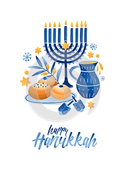 Hanukkah symbols flat vector illustration. Traditional jewish holiday greeting card design with happy hanukkah