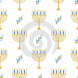 Hanukkah vector seamless pattern. Various object of Jewish festival of lights in flat style