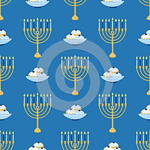 Hanukkah vector seamless pattern. Various object of Jewish festival of lights in flat style