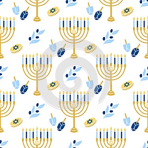 Hanukkah vector seamless pattern. Various object of Jewish festival of lights in flat style