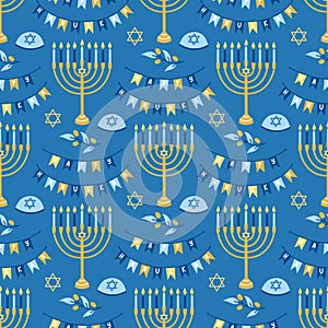 Hanukkah vector seamless pattern. Various object of Jewish festival of lights in flat style