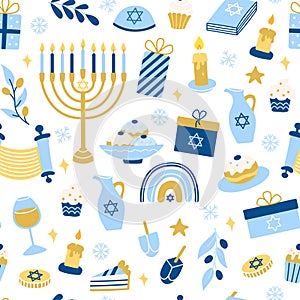 Hanukkah vector seamless pattern. Various object of Jewish festival of lights in flat style