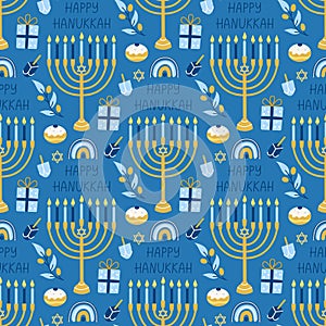 Hanukkah vector seamless pattern. Various object of Jewish festival of lights in flat style