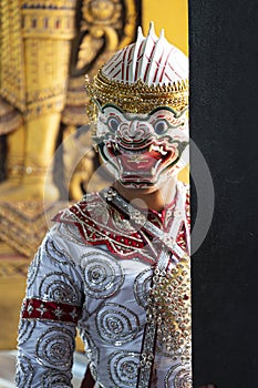 Hanuman, the main character in the Ramayana poem. Khon. Thai culture dancing art in masked khon