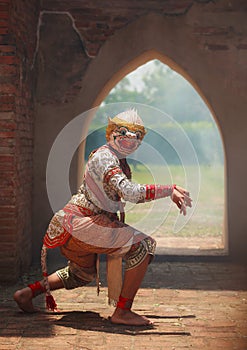 Hanuman monkey god in Khon or Traditional Thai Pantomime as a cultural dancing arts performance in masks dressed photo