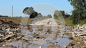 Haphazard piles of rubble line the sides of a nowimpassable road evidence of the intense flooding that swept through the photo