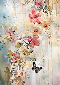 Haphazardly Layered Scenes of Butterfly Flowers and Cherry Bloss photo