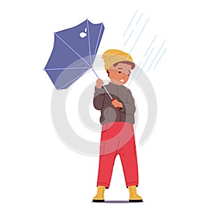 Hapless Boy Character Battles Storm and Wind, His Fractured Umbrella A Feeble Shield. Youthful Resilience Against Nature