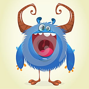 Happe excited blue monster character. Clipart illustration.
