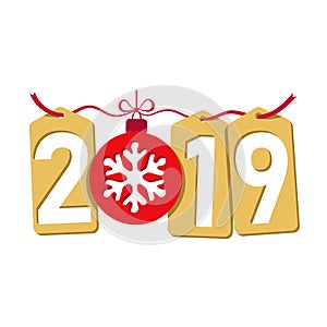 Happe New Year gold background. Isolated 2019 golden numbers, tags, bauble, snowflake. Flat Christmas red ball. Design