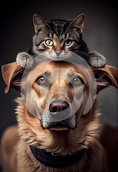 Happe purebreed dog portrait with a kitten on his head